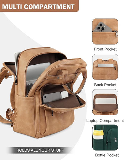 MASINTOR Leather Laptop Backpack for Women, Stylish Computer Backpack College Business Work Shoulder Bags Work and Travel Retro Camel