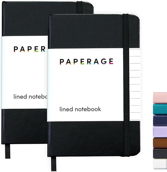 PAPERAGE Lined Pocket Journal Notebook, 2 Pack, (Black), 160 Pages, Small Notebook, 3.6 inches x 5.6 inches - 100 GSM Thick Paper, Hardcover