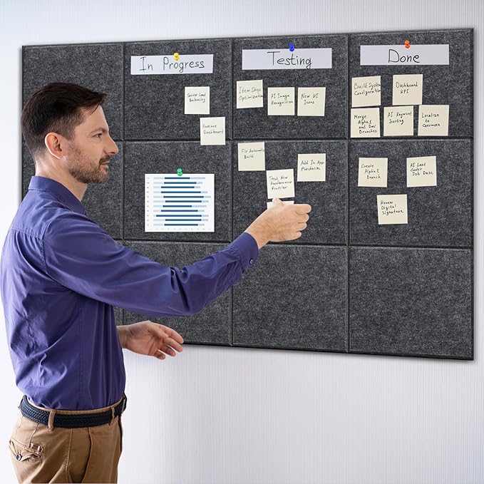 Large Cork Board Alternative - 12 Pack Felt Wall Tiles Office Decor Cork Board for Office, Cork Boards for Walls, Gray Bulletin Board Pin Board with Safe Adhesive for Office/Home/School