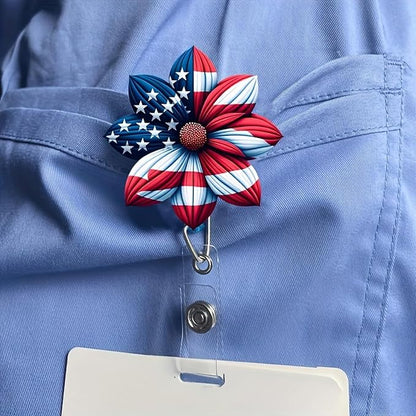 4th of July Flower Badge Holder Retractable with Acrylic Designs Nurse Badge Reel Blue Red Alligator Clip ID Card Patriotic Badge Clip for Teacher Student Independence Day Office Accessories