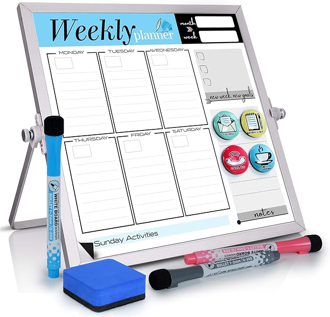 Small Desktop Weekly Planner White Board - Calendar 10"x10" Dry Erase Magnetic to Do List Board with Stand, 3 Markers, 4 Magnets, Eraser - Portable Tabletop Whiteboard for Home School & Office