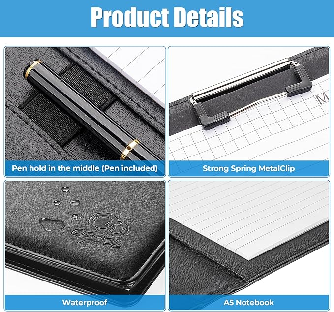 A5 Leather Portfolio Binder, Interview Legal Document Organizer with Magnetic Closure Cover with A5 Sized Papers,Sticky Tabs,Pen,Mini Document Organizer Folder for Men Women,Black