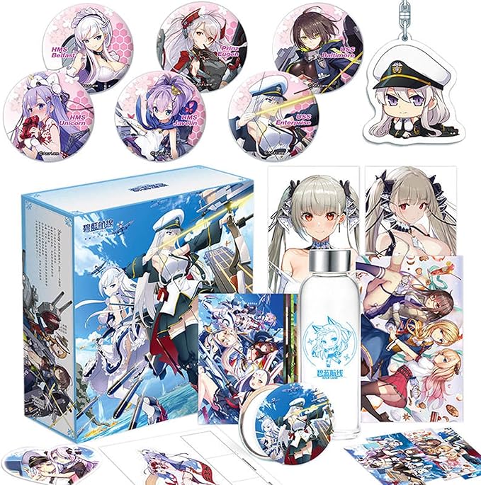 Azur Lane Gift Box Set Collectible Formidable Poster USS Enterprise Keychain Pendant Charm Greeting Card Belfast Unicorn Javeline Baltimore Prinz Eugen Brooch Pin Postcard Water Bottle Bookmark Mirror