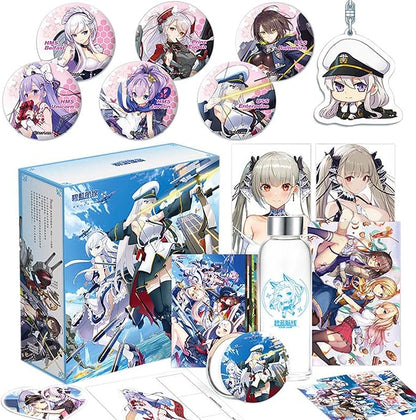 Azur Lane Gift Box Set Collectible Formidable Poster USS Enterprise Keychain Pendant Charm Greeting Card Belfast Unicorn Javeline Baltimore Prinz Eugen Brooch Pin Postcard Water Bottle Bookmark Mirror