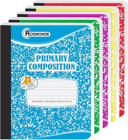 12 Pack Primary Composition Notebooks, 200 Pages (100 Sheets), Primary Ruled Composition Notebook for Kids, 9-3/4" x 7-1/2", Grades K-2 Writing Workbook, Writing Dotted Lined, Assorted Marble