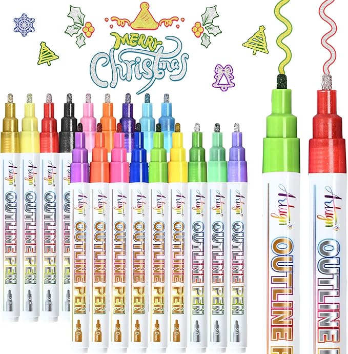 Shimmer Markers,18 Colors Outline Pens, Gold and Silver Double Line Outline Markers, Metallic Marker Glitter Pens Set for Art Crafts, Easter Basket Stuffers for Teens, Greeting Cards, DIY, Scrapbook