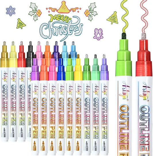 Shimmer Markers,18 Colors Outline Pens, Gold and Silver Double Line Outline Markers, Metallic Marker Glitter Pens Set for Art Crafts, Easter Basket Stuffers for Teens, Greeting Cards, DIY, Scrapbook