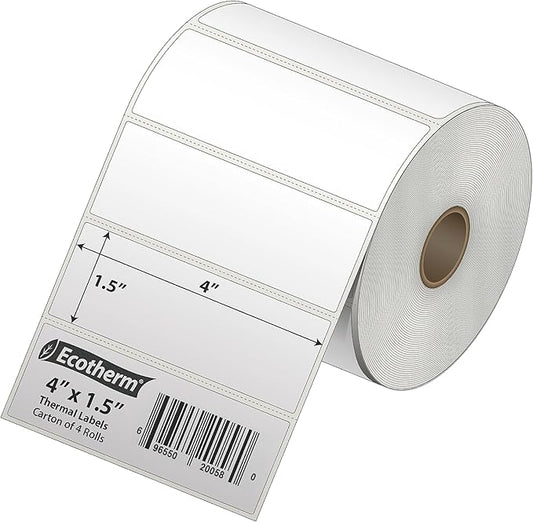 4" x 1.5" Thermal Labels | 4 Rolls | 3940 Labels | fits Zebra, Munbyn, Rollo, Godex, Arkscan, iDPRT, Offnova Thermal Label Printers and More | Blank White Adhesive Stickers by Ecotherm