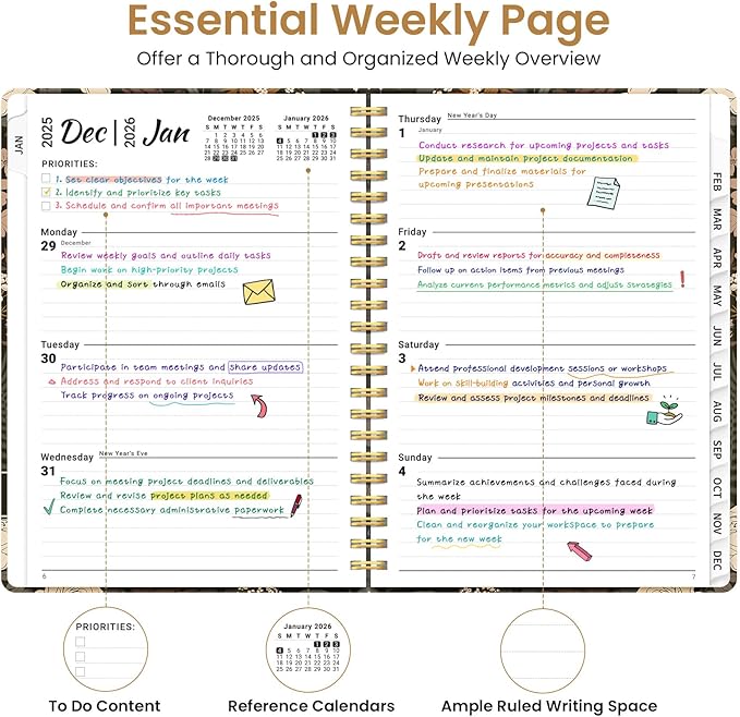 2026 Planner, Weekly and Monthly Planner for Women, January 2026 to December 2026, Pretty Hardcover 2026 Calendar Planner Book with Tabs, Inner Pocket, Spiral Bound, Perfect Office Home School Supplies - 8.5" x 11", Wild Rose