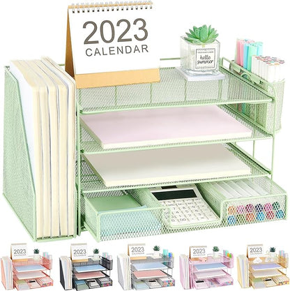 Desk Organizers and Accessories, Desk Accessories & Workspace Organizers for Office Supplies, File Organizer Desk Drawer Organizer with 2 Pen Holders, 4 Tier Paper Organizer for Desk(Green)
