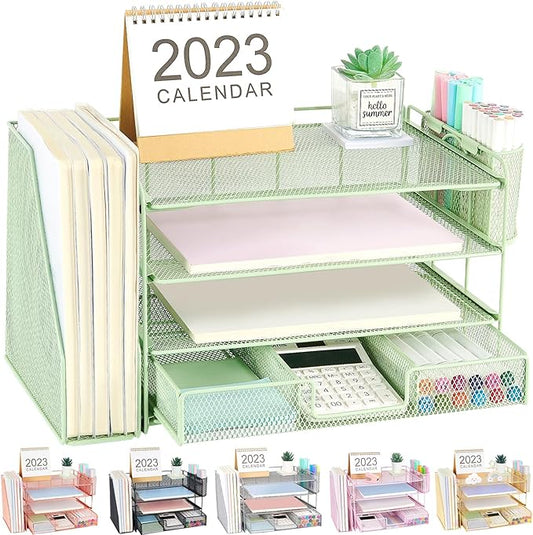 Desk Organizers and Accessories, Desk Accessories & Workspace Organizers for Office Supplies, File Organizer Desk Drawer Organizer with 2 Pen Holders, 4 Tier Paper Organizer for Desk(Green)