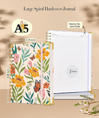 Cute Spiral Notebook Journal for Women, 160 Pages Lined Notebooks 5.75” x 8.38”, A5 Hardcover Spiral Journals with 100 GSM Thick Paper, College Ruled Notebook for Writing Work School, Orange Floral