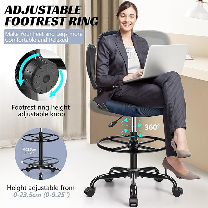 Drafting Chair, Tall Office Chair Ergonomic Standing Desk Chair,with Adjustable Footrest Ring, 3D Lumbar Support, Flip-up Armrests, Swivel Desk Stool for Drawing Working (Navy)