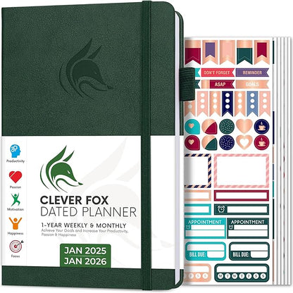 Clever Fox Dated Planner 2025-2026 – Weekly Life Planner Notebook for Goal Setting & Time Management – Planner with Habits Tracker, to-do List & Dated Pages – A5, Lasts 1 Year (Forest Green)