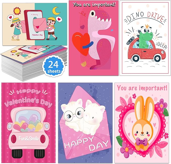 Valentines Day Cards for Kids School, 24 Sheets Valentines Cards for Kids Classroom, Valentine's Day Gifts for Kids, Exchange Kids Gifts for School