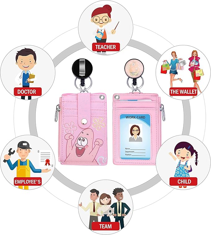 Cute ID Badge Holder Retractable Lanyard Reel Clip with Heavy Duty Carabiner, 5 Card Slots in 2 Sided with Key Ring and Zipper for Women Students Teens Girls Office Staff