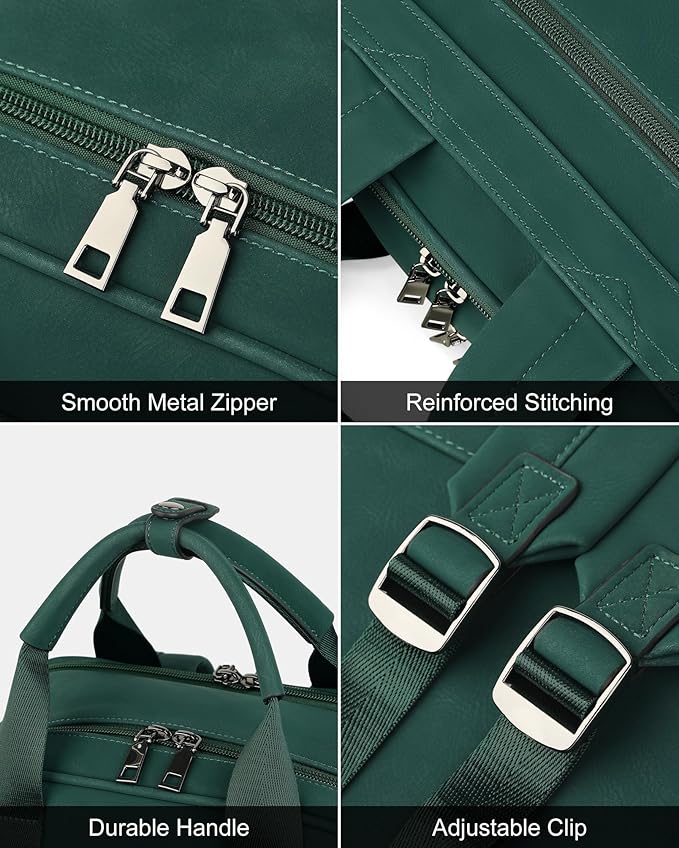 MASINTOR Leather Laptop Backpack for Women, Stylish Computer Backpack College Business Work Shoulder Bags Work and Travel Retro Green