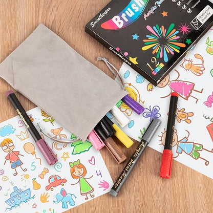 SMOOTHERPRO 12 Acrylic Paint Pens, Brush Tip (1-6mm) Acrylic Paint Markers, Fabric Markers for Textile, Canvas, Rock, Glass, Wood, Paper, Pumpkin, DIY