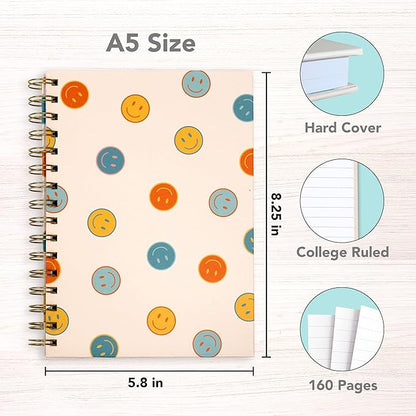 Cute Notebooks for School 4 Pack, A5 5.8 x 8.3 inch Happy Face Hardcover Notebooks for Work, Retro Aesthetic Notebooks College Ruled, Cute Spiral Journal for Women, Back to School Notebook for Kids