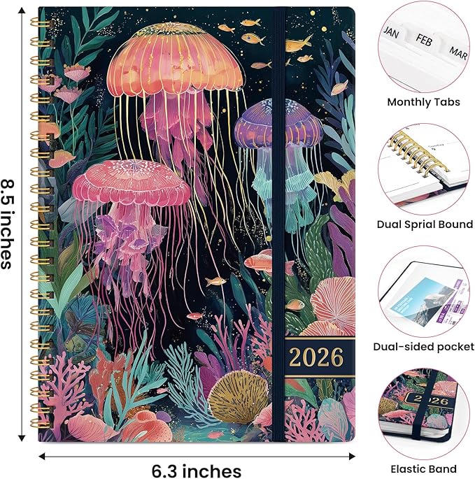2026 Planner, Weekly and Monthly Planner for Women, January 2026 to December 2026, Pretty Hardcover 2026 Calendar Planner Book with Tabs, Inner Pocket, Spiral Bound, Perfect Office Home School Supplies - 6.3" x 8.5", Jellyfish