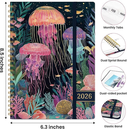 2026 Planner, Weekly and Monthly Planner for Women, January 2026 to December 2026, Pretty Hardcover 2026 Calendar Planner Book with Tabs, Inner Pocket, Spiral Bound, Perfect Office Home School Supplies - 6.3" x 8.5", Jellyfish