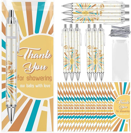 50 Sets Baby Shower Favors Gifts for Guests Includes 50 Rolling Paper Ballpoint Pens and 50 Greeting Thank You Bookmarks Baby Shower Party Favors (Here Comes The Sun)