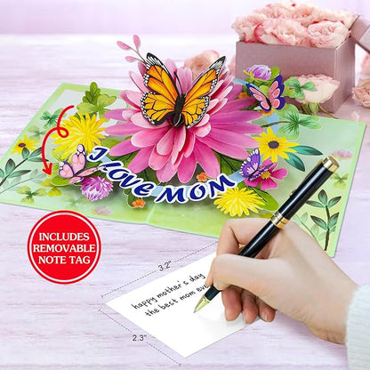 D4DREAM Mothers Day Pop Up Card for Mom - 3D Butterfly Flower Greeting Card with Envelope and Note Tag I Love Mom Pop Up Birthday Gift for Her from Daughter Son