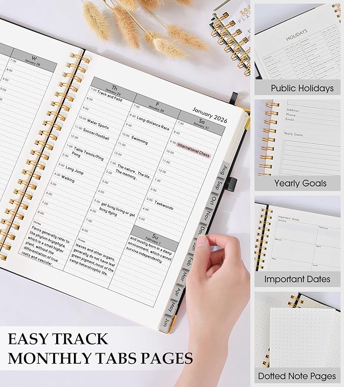 2026 Planner, Weekly and Monthly Calendar Planner from January 2026 - December 2026, 8.5" x 11" Hardcover Leather Hourly Appointment Book with Tabs, Spiral Daily Planners for College School Work Home, Black