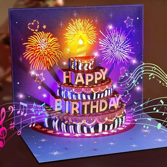 INPHER Birthday Cards Fireworks Pop Up Cake Light and Music Happy Birthday Gifts Decorations for Women, Men, Mom, Grandma