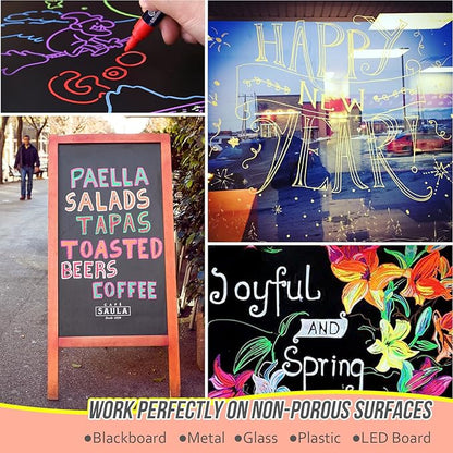 Neon Chalk Markers Erasable for Chalkboard, Liquid Chalk Marker 8 Colors with 6mm Reversible Bullet & Chisel Tip, Dust Free Chalk Pens for Window, Blackboard, Whiteboard, Calendar, Mirror, Glass