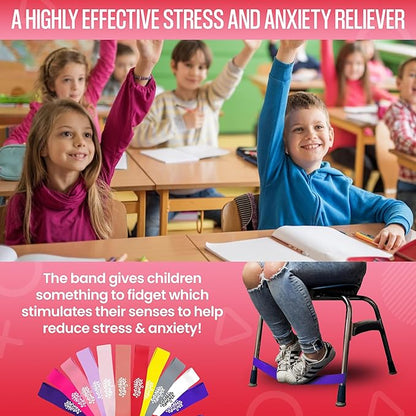 Chair Bands for Kids with Fidgety Feet - Fidget Bands for Classroom Chairs, Feety Bands, Sensory Flexible Bands, ADHD Chair Bands for Kids, Anti-Snap Bands for Desk and Seats Multicolor (Pack of 12)