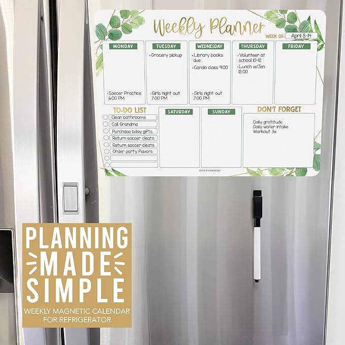 Greenery Magnetic Weekly Calendar for Fridge Whiteboard - Weekly Dry Erase Board for Fridge, Magnetic Weekly Planner for Fridge, Magnetic Whiteboard for Fridge, Schedule Board, White Board for Fridge