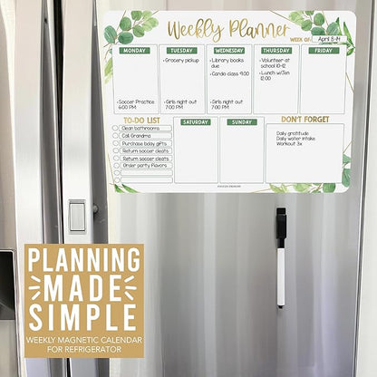 Greenery Magnetic Weekly Calendar for Fridge Whiteboard - Weekly Dry Erase Board for Fridge, Magnetic Weekly Planner for Fridge, Magnetic Whiteboard for Fridge, Schedule Board, White Board for Fridge