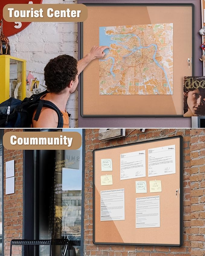 38"x38" Enclosed Bulletin Board, Lockable Weather-Resistant Aluminum Cork Noticeboard for School & Office, Black Frame w/Cork