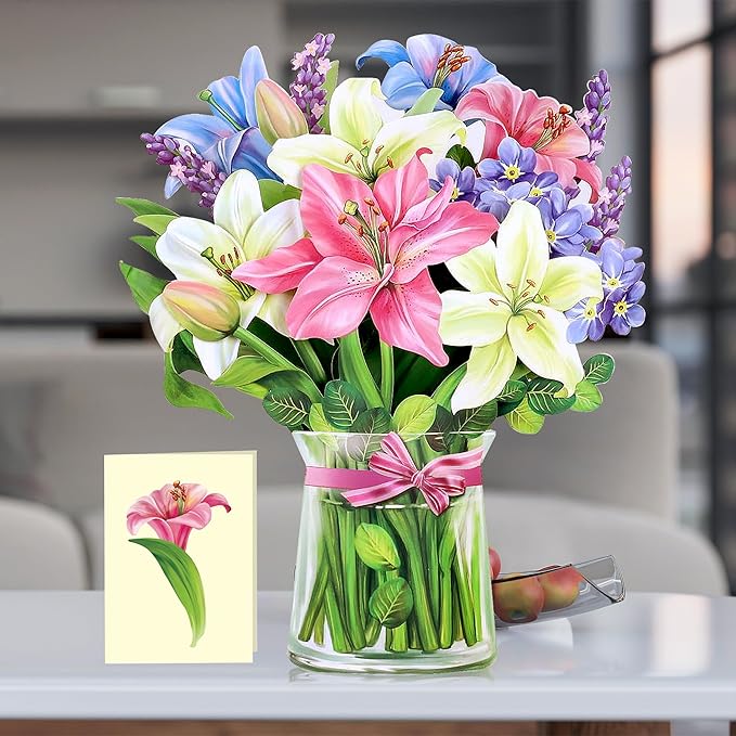 Airpark Pop Up Bouquet Card, Lillies & Lupines, 12 inch Paper Flowers 3D Popup Cards with Note Card and Envelope for Birthday and Gifts, Get Well for Women Kids, Easter Decor