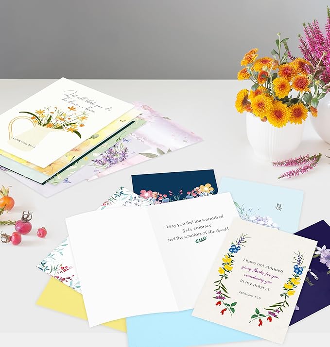 24 Pack Floral Christian Thinking of You Cards with Self-adhesive Envelopes, 4"x6" Boxed Blessing Religious Note Cards with Sentiments Inside, 24 Bible Verses, 24 Desiqns