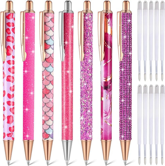 Sherr 7 Pcs Fancy Pens for Women Cute Sparkly Glitter Pens with 10 Pcs Black Ink Refills Pretty Gifts for Girls Office School Christmas Graduation(Hot Pink,Lovely)