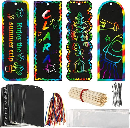 Scratch Art Bookmarks - 36 Sets 4 Style Scratch Bookmarks Making Kit Scratch Paper DIY Scratch Art Party Favors for Classroom