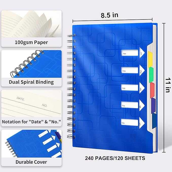 CAGIE 5 Subject Notebook With Tabs 8.5x11, College Ruled, 240 Pages Large Spiral Notebook with Dividers, A4 Notebooks for Work Organization Note Taking School, Black