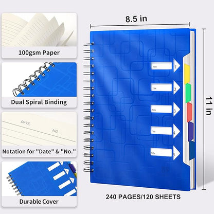 CAGIE 5 Subject Notebook With Tabs 8.5x11, College Ruled, 240 Pages Large Spiral Notebook with Dividers, A4 Notebooks for Work Organization Note Taking School, Black