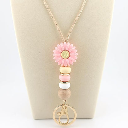 Flower Teacher Lanyards ID Badge and Key Chain, Cute Silicone Beads Lanyard for Women Nurse Work Student (Pink)