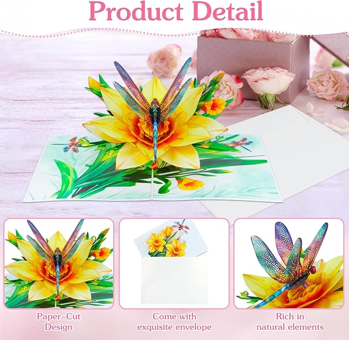 D4DREAM Dragonfly Gifts for Women - Daffodils Flower Dragonfly Pop Up Card 3D Birthday Card for Women Pop Up Mothers Day Cards with Envelope for Her Wife Mom Grandma