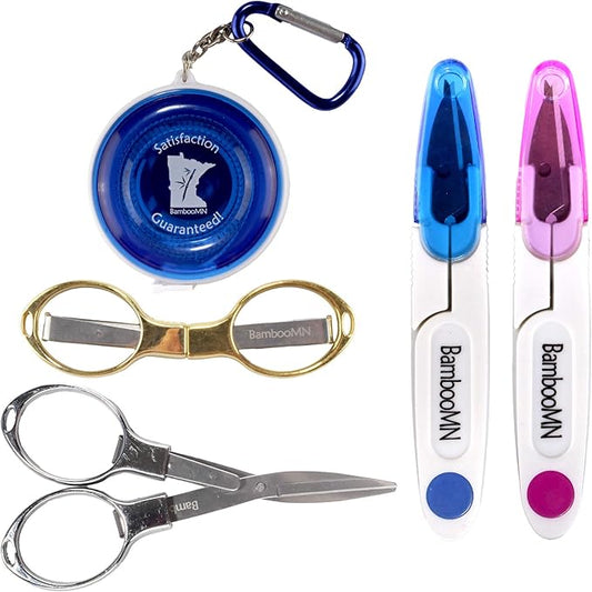 JubileeYarn Portable Travel Safety Folding Scissors Set, One Gold, One Silver, Two Thread Snips, and a Fabric Measuring Tape