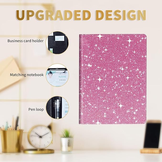 RYUITHDJP Padfolio for Men and Women – Leather Portfolio with Pink Dots Cover Design, Business Card Holder, Resume Folder, Stylish Leather Folder, Versatile Document Holder, 12.87x9.13 in