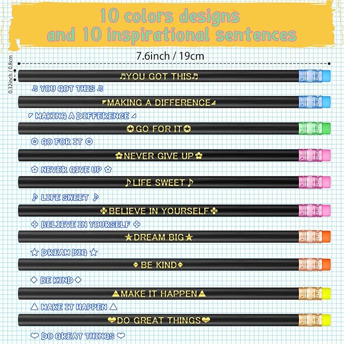 Eersida 40 Pcs Color Changing Mood Pencil with Motivational Sayings, 2B, Fun Assorted Thermochromic Pencils with Eraser(Bright Color,Positive)