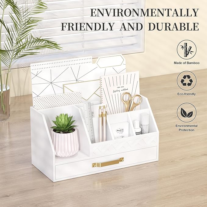 Bamboo Desk Organizer with Drawers, Mail Organizer Countertop Wood Desk Drawer Tabletop Storage Organization Pen Holder Letter Sorter Makeup Organizer for School Home Office (White)