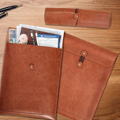 Brown PU Leather File Folders for Documents,Important Private File Organizer with String Tie Closure,Laptop Sleeve Notebook Case,Leather Portfolio Binder Envelopes,Letter Size Filing Folder 1PC