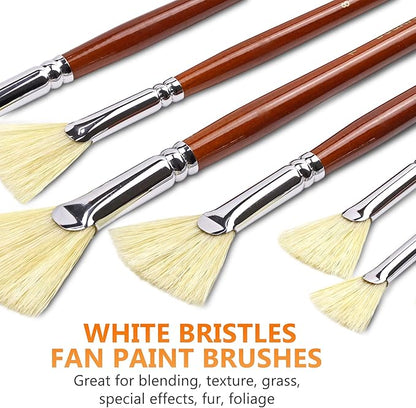 DUGATO Artist Fan Paint Brush Set of 7, White Hog Bristle Natural Hair Anti-Shedding Brush Tips, Long Wooden Handle for Comfortable Holding, Great for Acrylic Watercolor Oil Painting