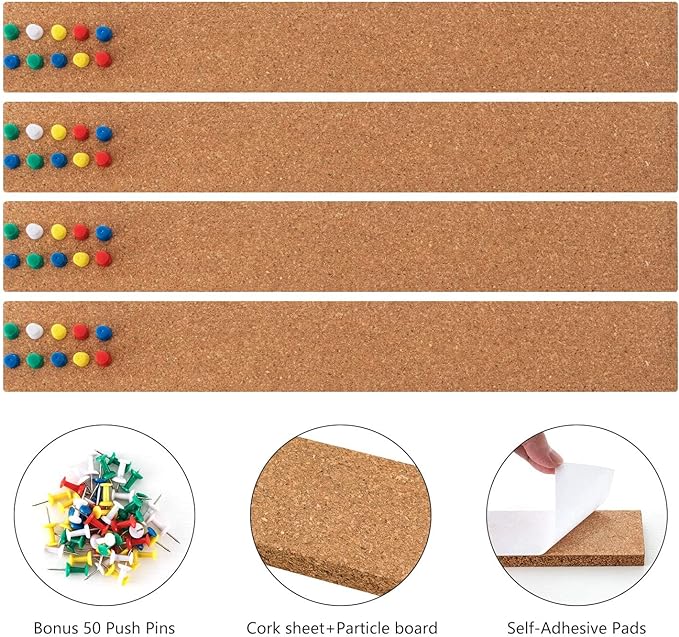 HBlife Cork Board Bulletin Board Bar Strip 2 Pack, 15x2 Inch - 1/2 Inch Thick, Frameless Cork Board Strips with 50 Multi-Color Push Pins, Strong Self Adhesive Backing
