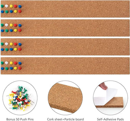 HBlife Cork Board Bulletin Board Bar Strip 2 Pack, 15x2 Inch - 1/2 Inch Thick, Frameless Cork Board Strips with 50 Multi-Color Push Pins, Strong Self Adhesive Backing